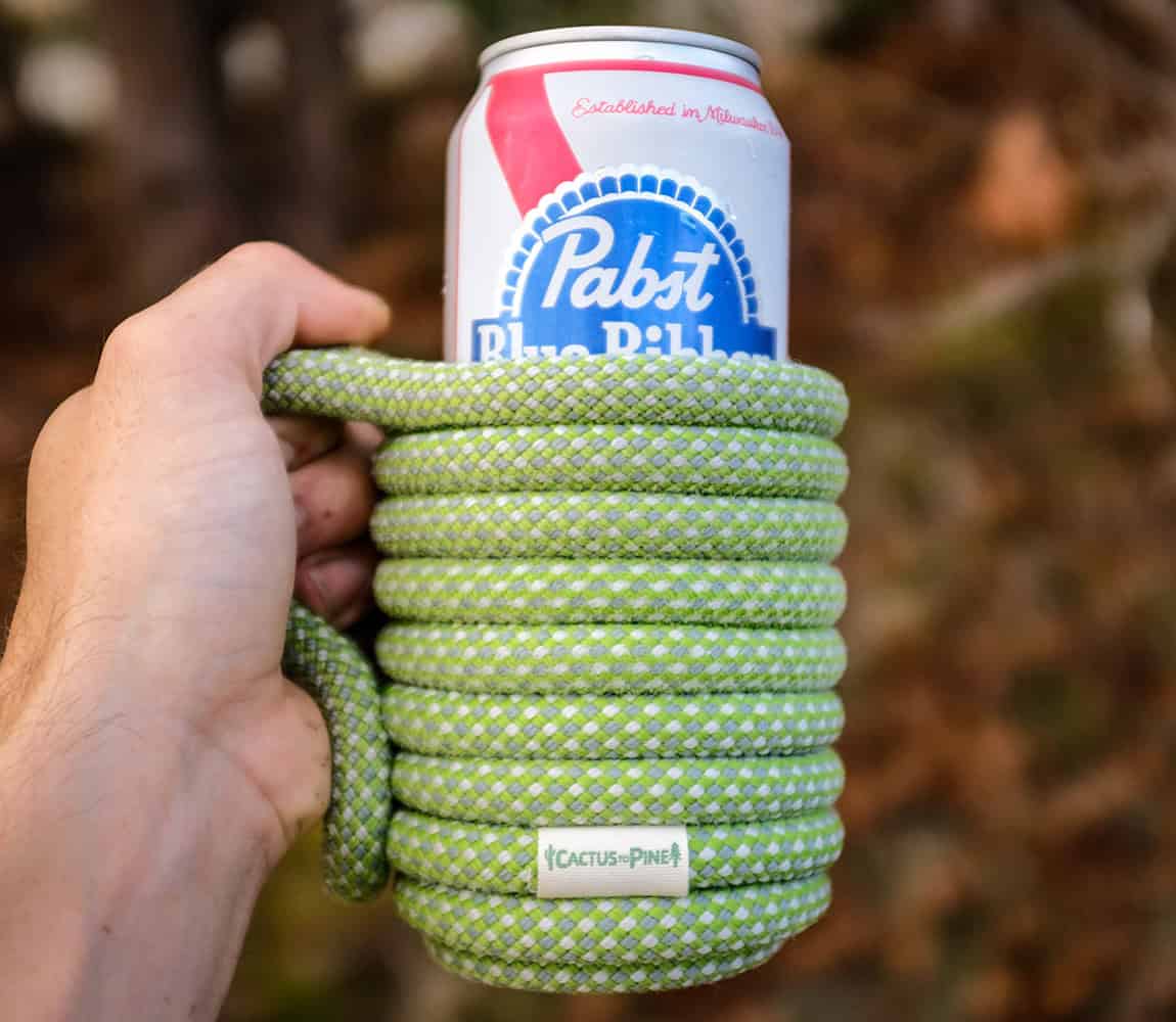 Handmade koozie made from recycled climbing rope at the Hub PIsgah in Brevard